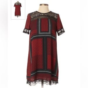 Express lace trim shift dress in a red and black geometric print  XS